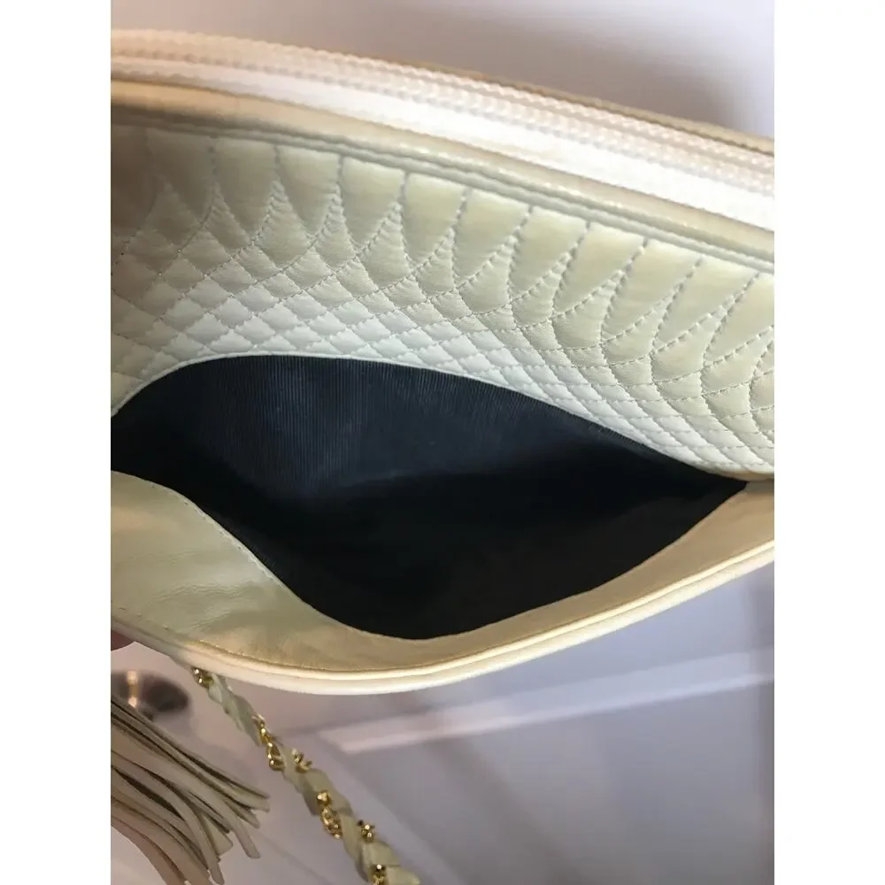 Bally Vintage Quilted Beige Leather Crossbody Bag Tassel Gold Chain Lux EUC
